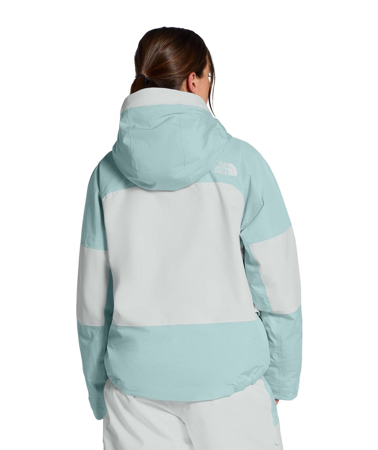WPowstarJacket-Person wearing a light blue jacket with The North Face logo on a white background