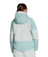 WPowstarJacket-Person wearing a light blue jacket with The North Face logo on a white background