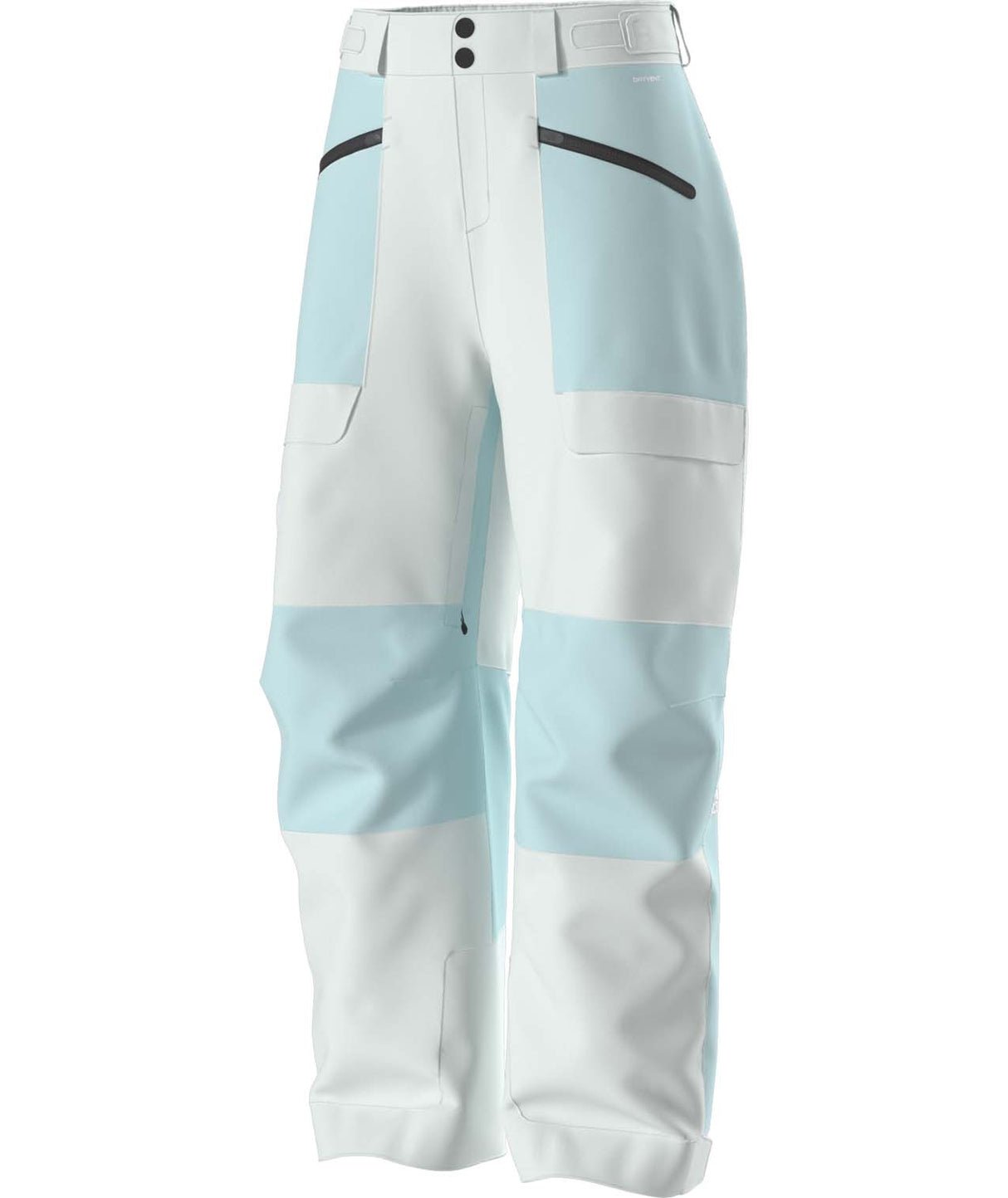 WPowstarPant-Color-blocked pants with light blue and white sections on a white background