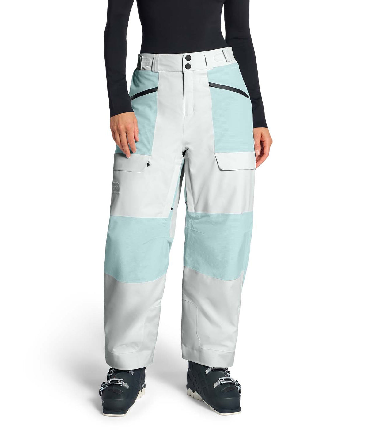 WPowstarPant-Color-blocked pants with light blue and white sections on a white background