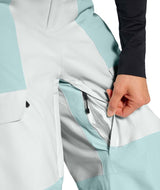 WPowstarPant-Close-up of a person adjusting a zipper on a light-colored pants with blue accents.