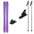 WRanger102w_Strive12-A ski equipment set on a plain white background, including a pair of purple skis, two black ski bindings, and two black ski poles with white branding.