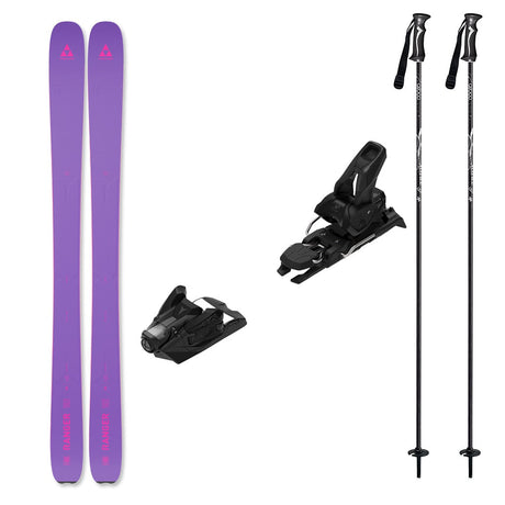 WRanger102w_Strive12-A ski equipment set on a plain white background, including a pair of purple skis, two black ski bindings, and two black ski poles with white branding.
