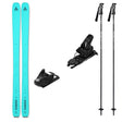 WRanger84w_Strive12-A ski bundle featuring a pair of turquoise-blue Fischer Ranger skis with black bindings, and two black ski poles, arranged on a plain white background.