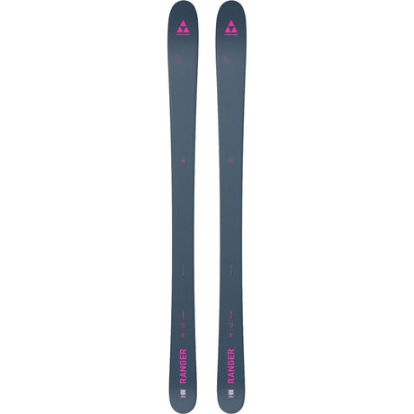 WRanger90- A pair of Fischer Ranger skis in a dark slate blue-gray color, featuring bright pink branding and text on the base, shown against a solid white background.