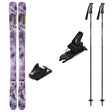 WReckoner92w_Strive12-A ski equipment set on a white background, including a pair of purple and gray marbled skis with black bindings, and two black ski poles.