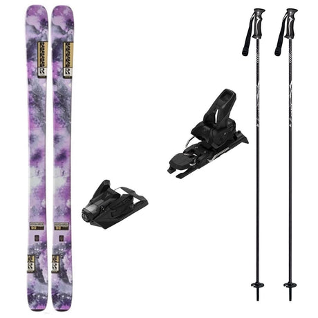 WReckoner92w_Strive12-A ski equipment set on a white background, including a pair of purple and gray marbled skis with black bindings, and two black ski poles.