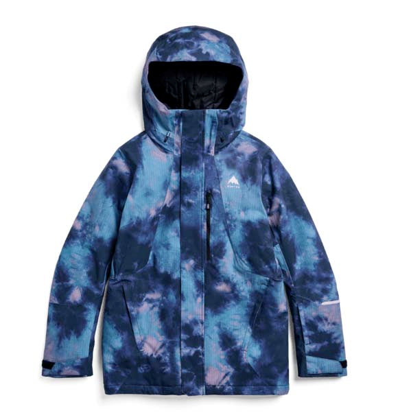 WReserve2LInsulatedStretchSlimJacket-Blue tie-dye jacket with a brand logo on a white background