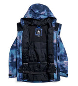 WReserve2LInsulatedStretchSlimJacket-Blue tie-dye jacket with a brand logo on a white background