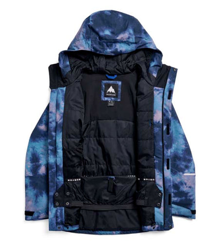 WReserve2LInsulatedStretchSlimJacket-Blue tie-dye jacket with a brand logo on a white background