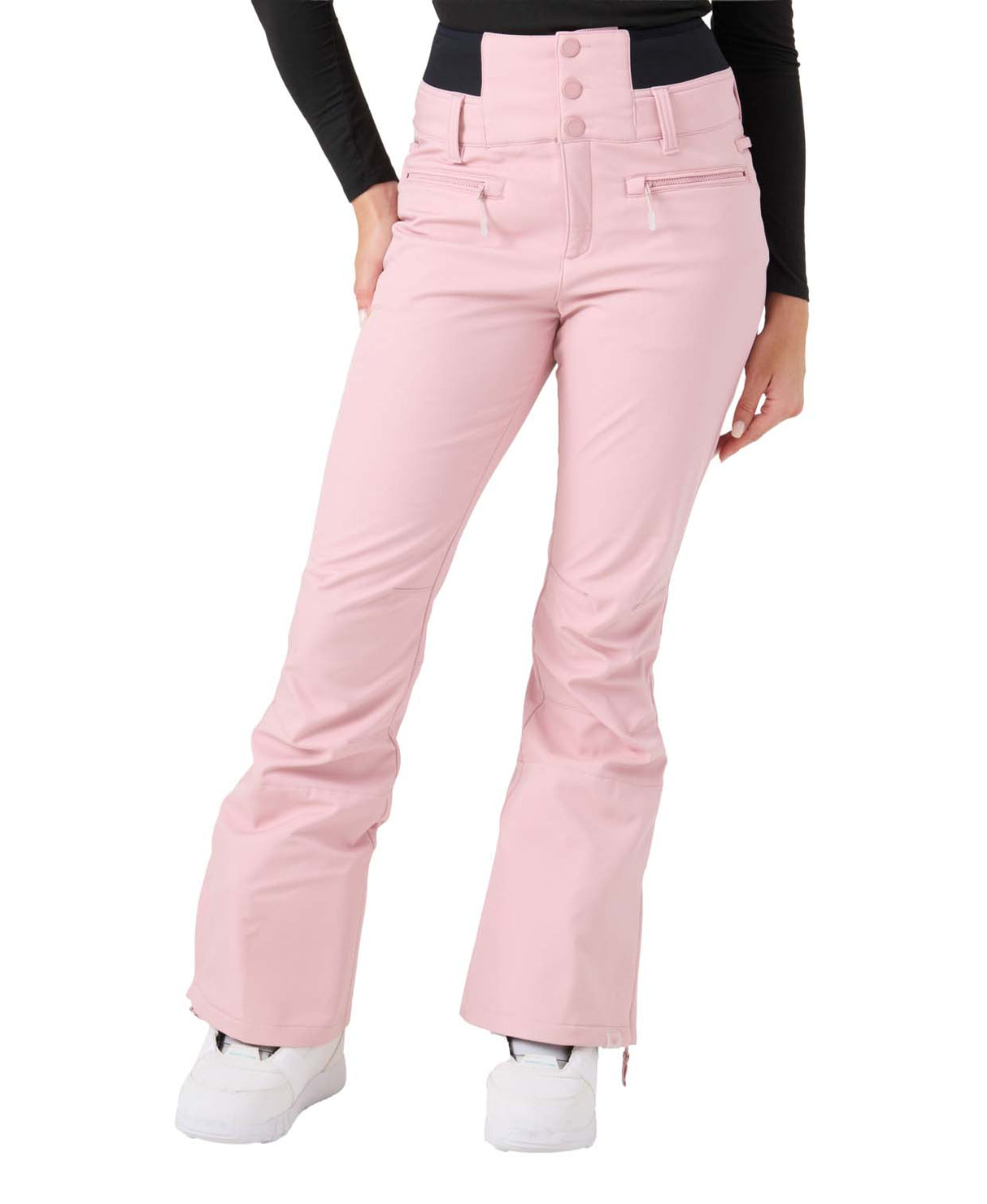 WRisingHighPant- Woman wearing pink snow pants on a white background 
