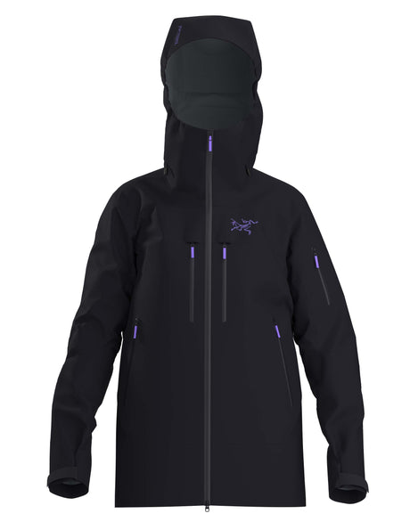WRushJacket- A black full zip jacket with purple ascents on a white background