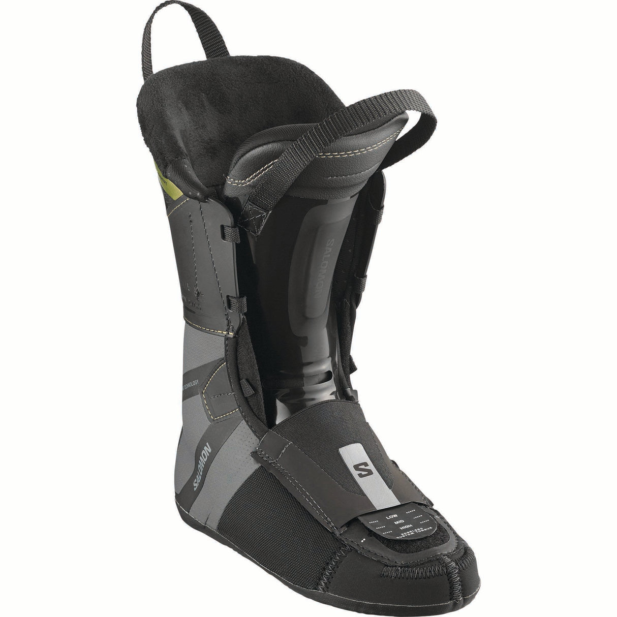 WSPROALPHACBOA105- White ski boot with black and gold accents on a white background