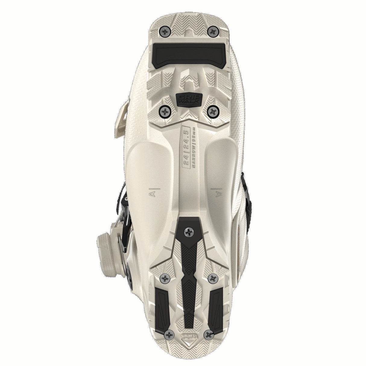 WSPROALPHACBOA105- White ski boot with black and gold accents on a white background