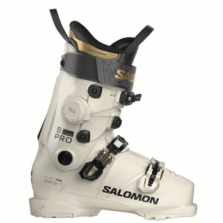 WSPROALPHACBOA105- White ski boot with black and gold accents on a white background