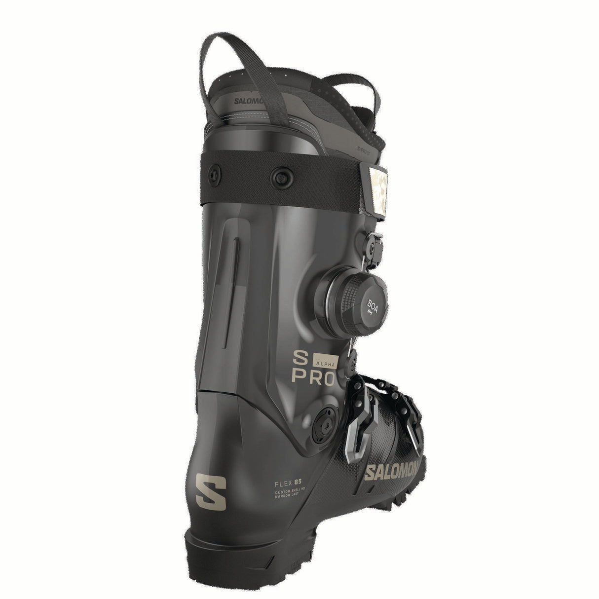WSPROALPHACBOA85-Black Salomon ski boot on a white background