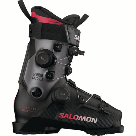 WSPROSUPRADUALBOA115- Black Salomon ski boot with pink accents on a white background