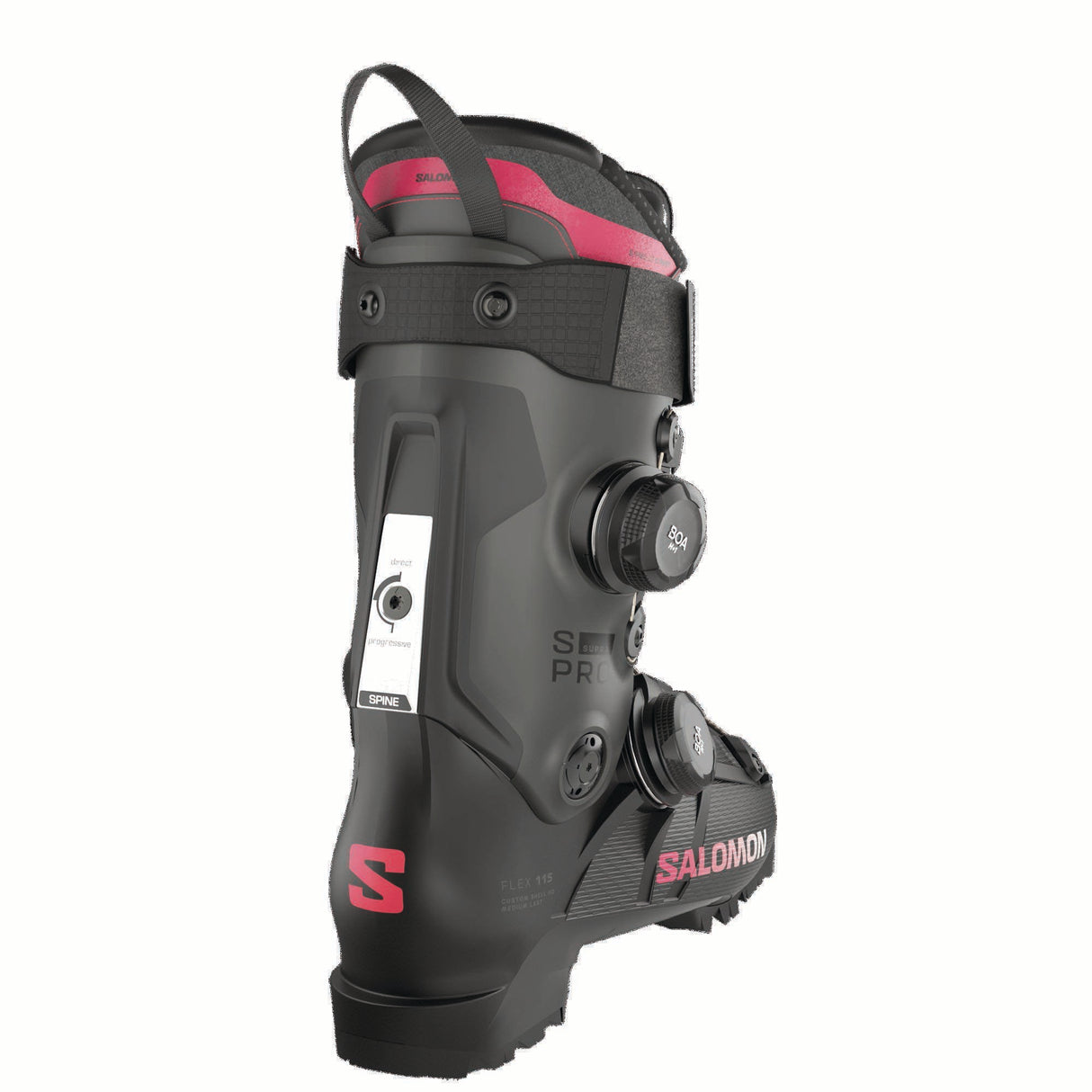 WSPROSUPRADUALBOA115- Black Salomon ski boot with pink accents on a white background