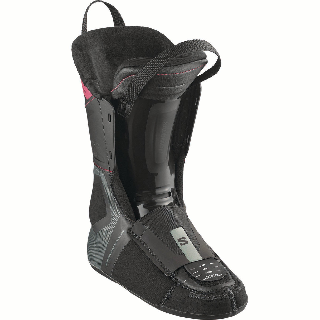 WSPROSUPRADUALBOA115- Black Salomon ski boot with pink accents on a white background