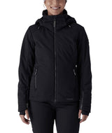 WSchatziJacket- Woman wearing a black ski jacket on a white background