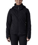 WSchatziJacket- Woman wearing a black ski jacket on a white background