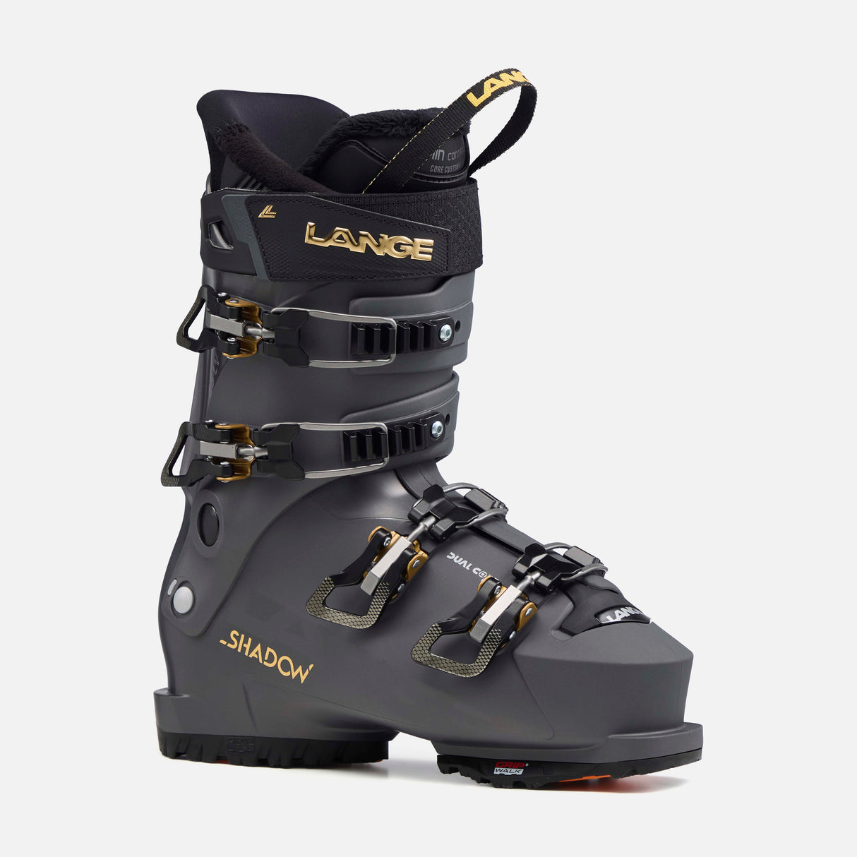 WShadowLV85- Grey, black, and gold ski boot on a white background