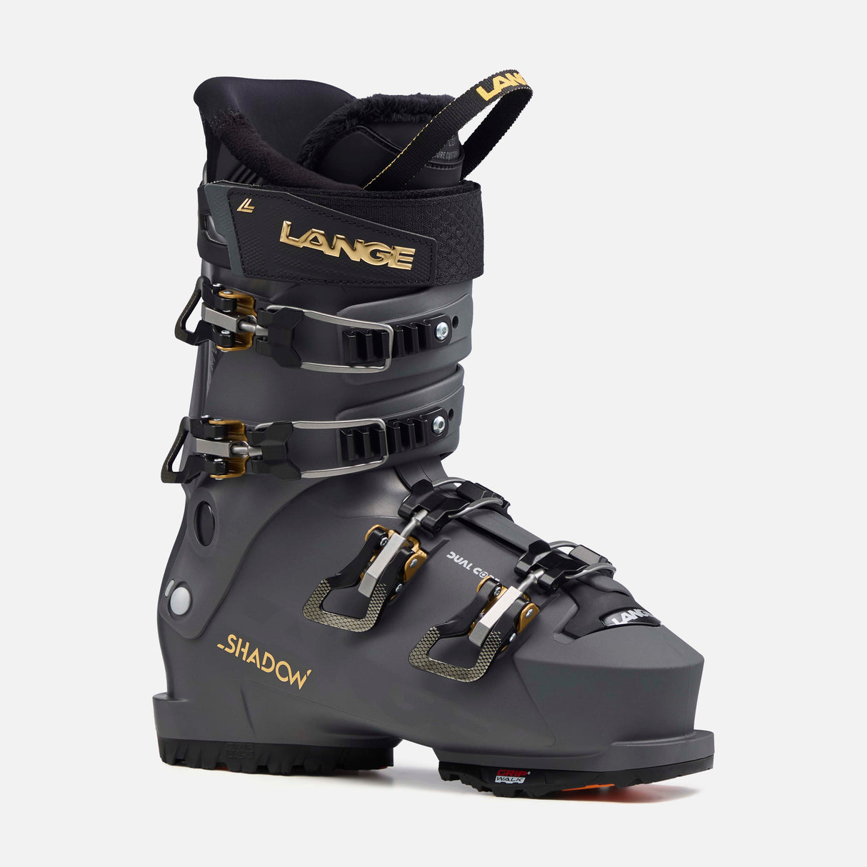 WShadowMV85- Grey, black, and gold ski boot on a white background