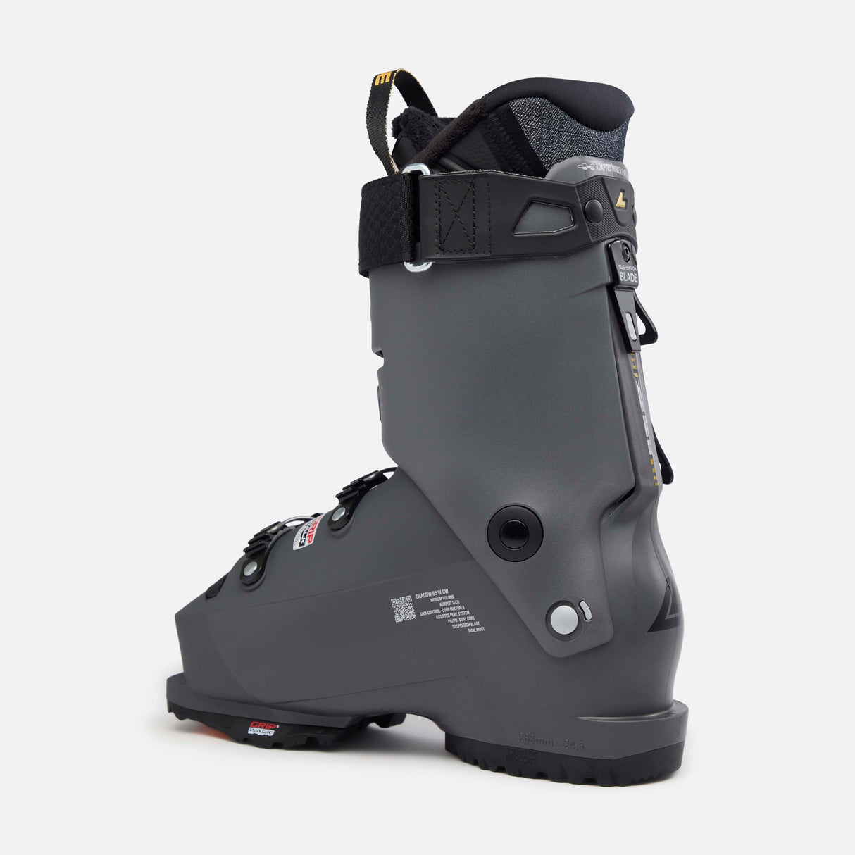 WShadowMV85- Grey, black, and gold ski boot on a white background