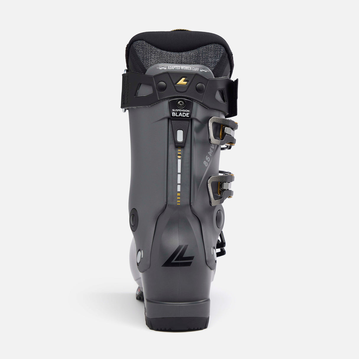 WShadowMV85- Grey, black, and gold ski boot on a white background