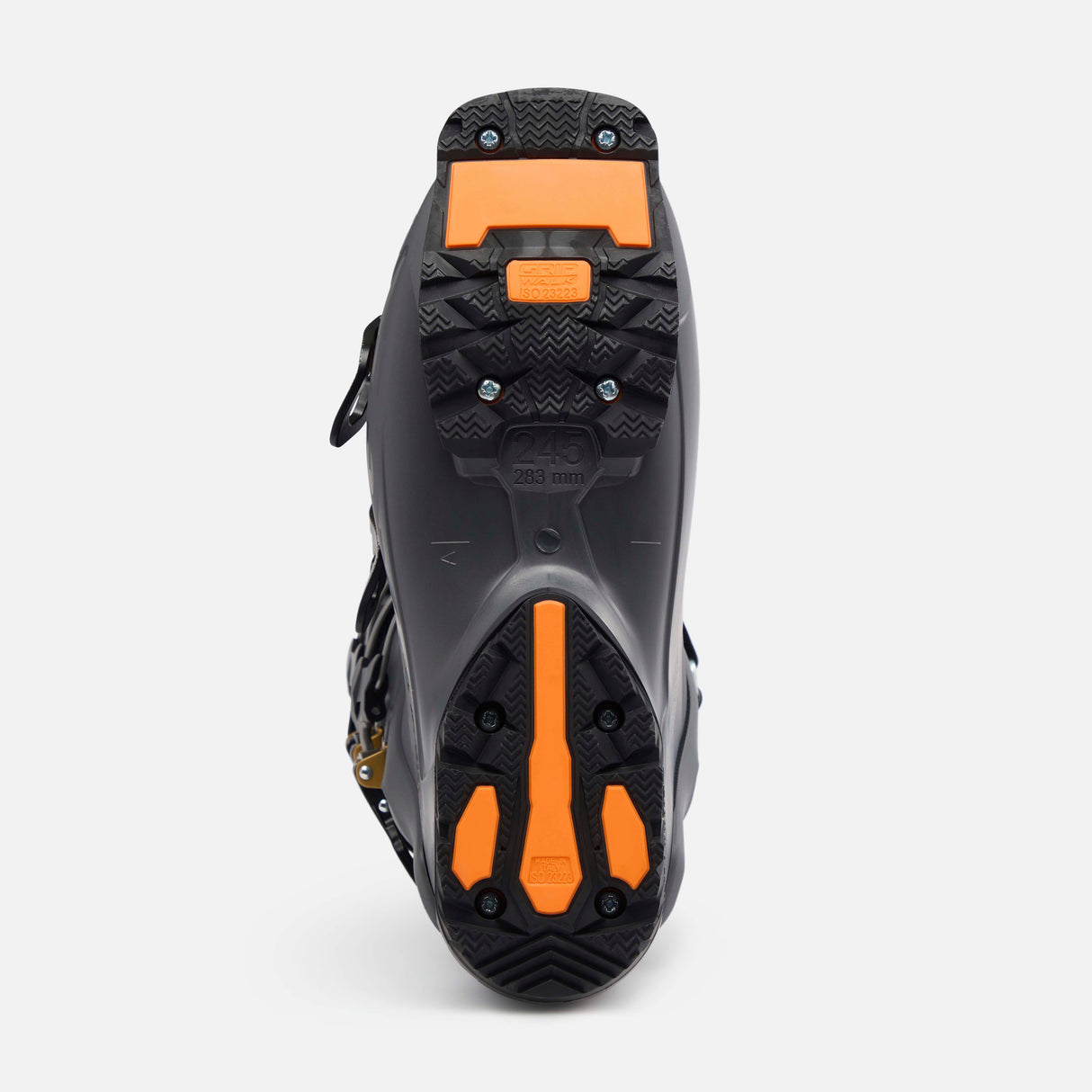 WShadowMV85- Grey, black, and gold ski boot on a white background