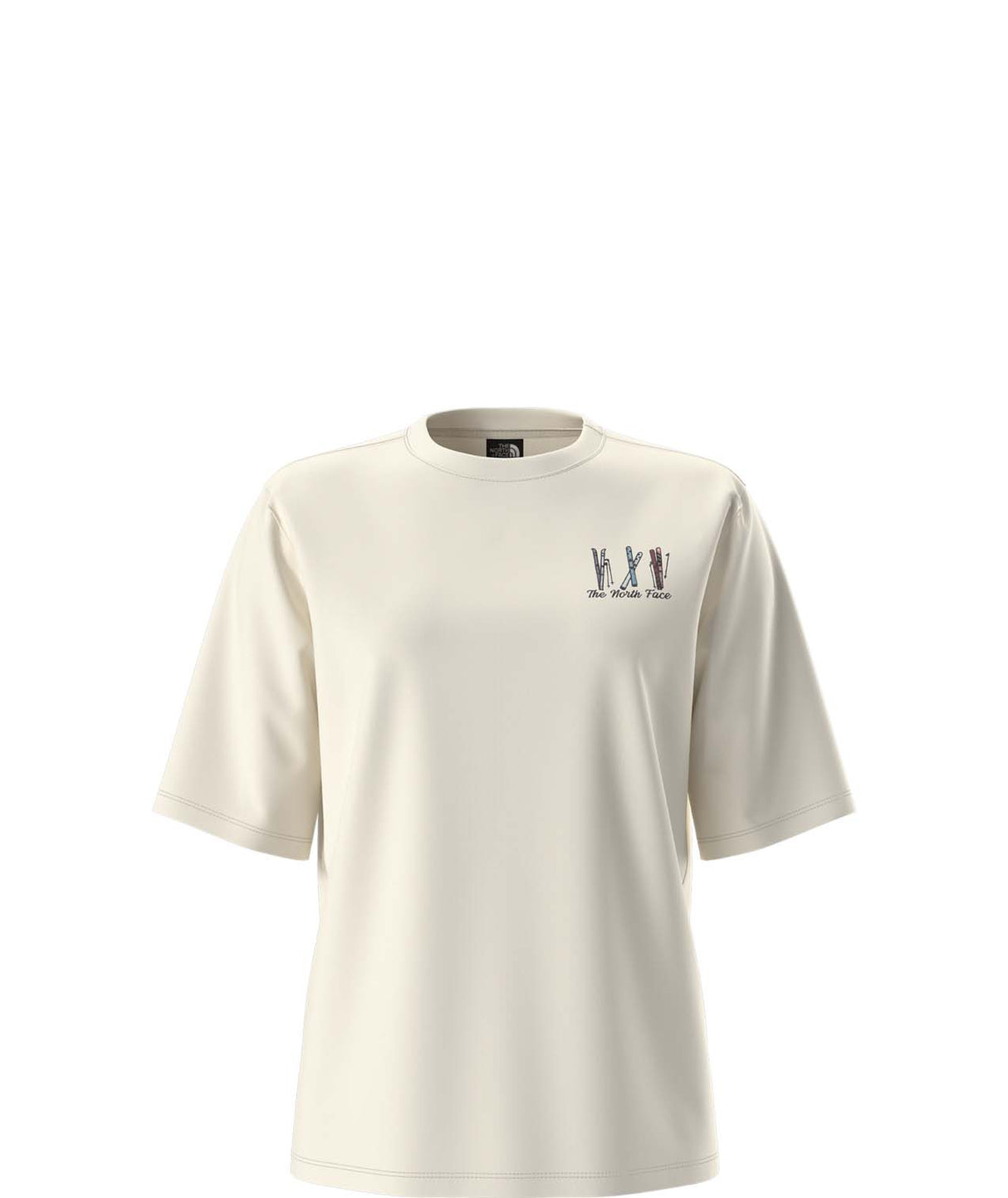WSkiEmbroBoxyShort-SleeveTee- Cream T-shirt with skis and 'The North Face' on the top right shoulder on a white background