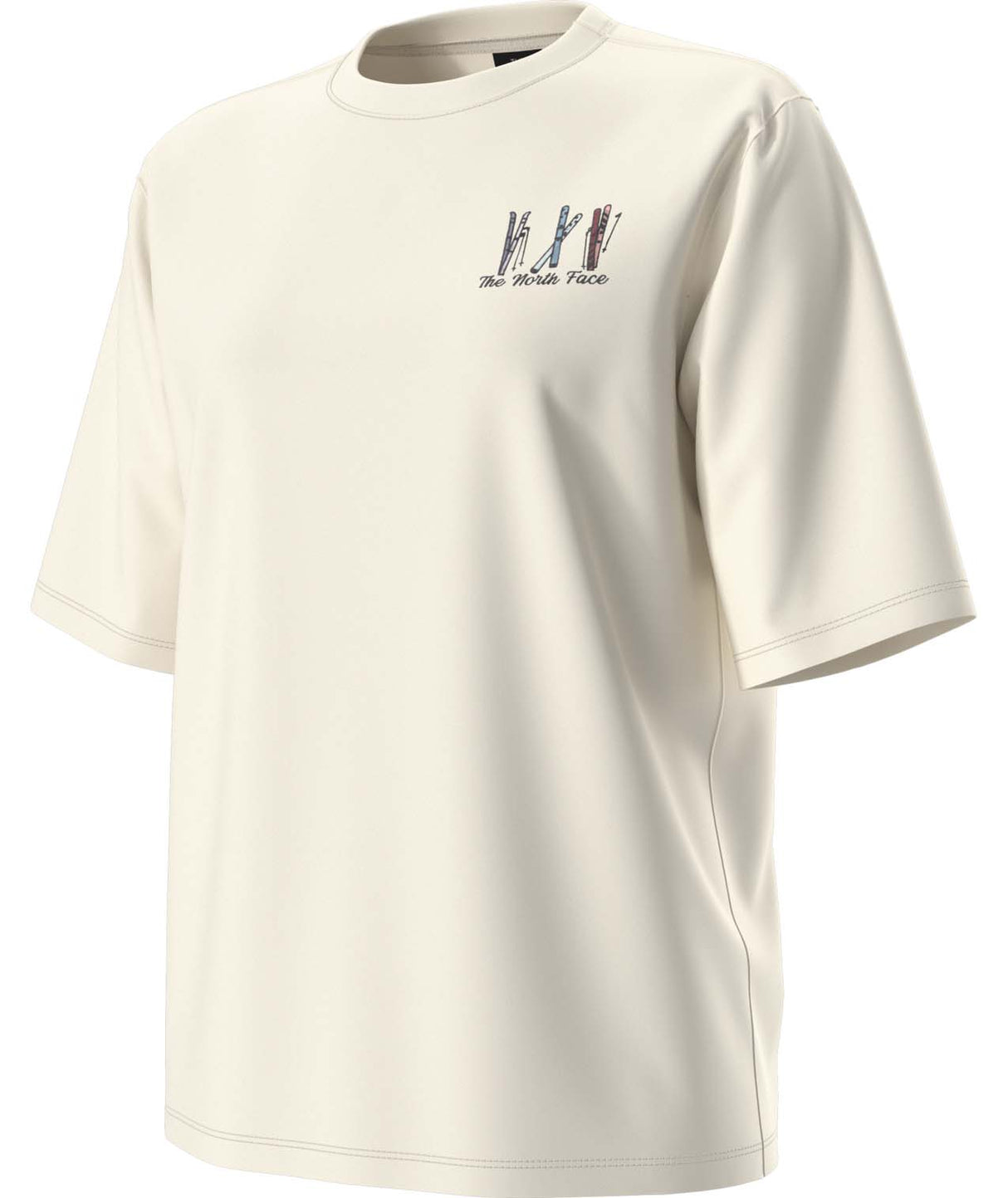 WSkiEmbroBoxyShort-SleeveTee- Cream T-shirt with skis and 'The North Face' on the top right shoulder on a white background