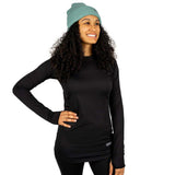 WSkylinerCrewneck-Woman wearing a black long-sleeve shirt and green beanie on a white background