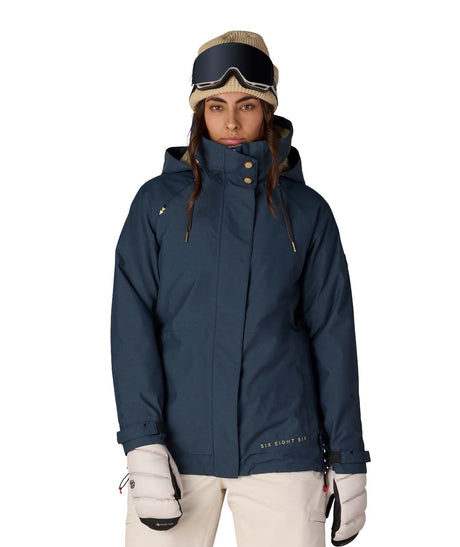 WSmarty3-in-1SpellboundJacket-Person wearing a blue ski jacket with beige accents on a white background