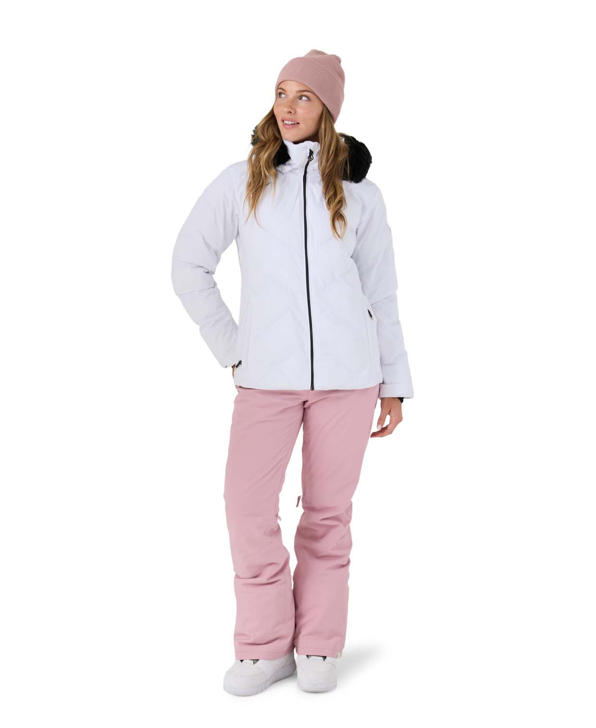 WSnowdrifterJacket- Woman wearing a white jacket on a white background