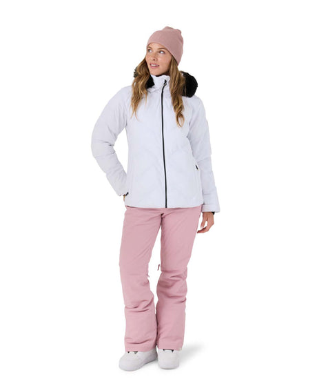 WSnowdrifterJacket- Woman wearing a white jacket on a white background