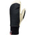 WSoloMitt- A single winter mitten shown in side profile on a plain white background. The mitten has a black knit cuff, a black main body panel, and cream-colored panels on the back of the hand and top.
