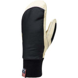 WSoloMitt- A single winter mitten shown in side profile on a plain white background. The mitten has a black knit cuff, a black main body panel, and cream-colored panels on the back of the hand and top.