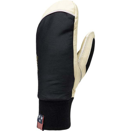 WSoloMitt- A single winter mitten shown in side profile on a plain white background. The mitten has a black knit cuff, a black main body panel, and cream-colored panels on the back of the hand and top.