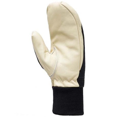 WSoloMitt- A single winter mitten shown in side profile on a plain white background. The mitten has a black knit cuff, a black main body panel, and cream-colored panels on the back of the hand and top.