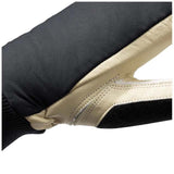 WSoloMitt- A single winter mitten shown in side profile on a plain white background. The mitten has a black knit cuff, a black main body panel, and cream-colored panels on the back of the hand and top.