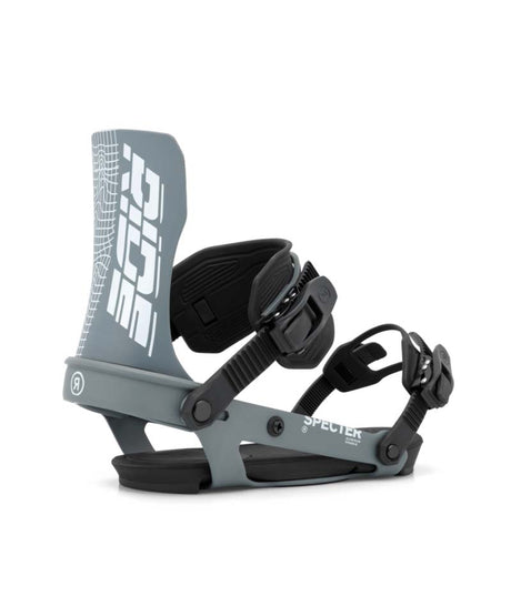 WSpecter- Grey snowboard bindings on a white background