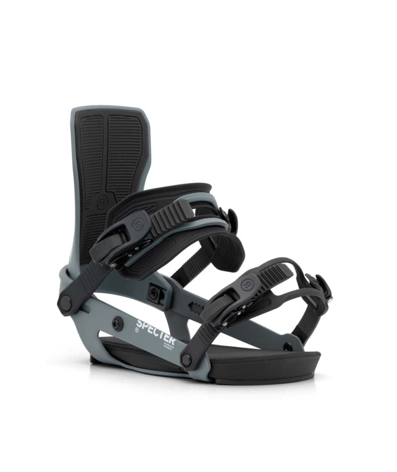 WSpecter- Grey snowboard bindings on a white background