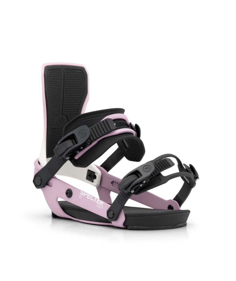 WSpecter- Light purple and white snowboard bindings on a white background