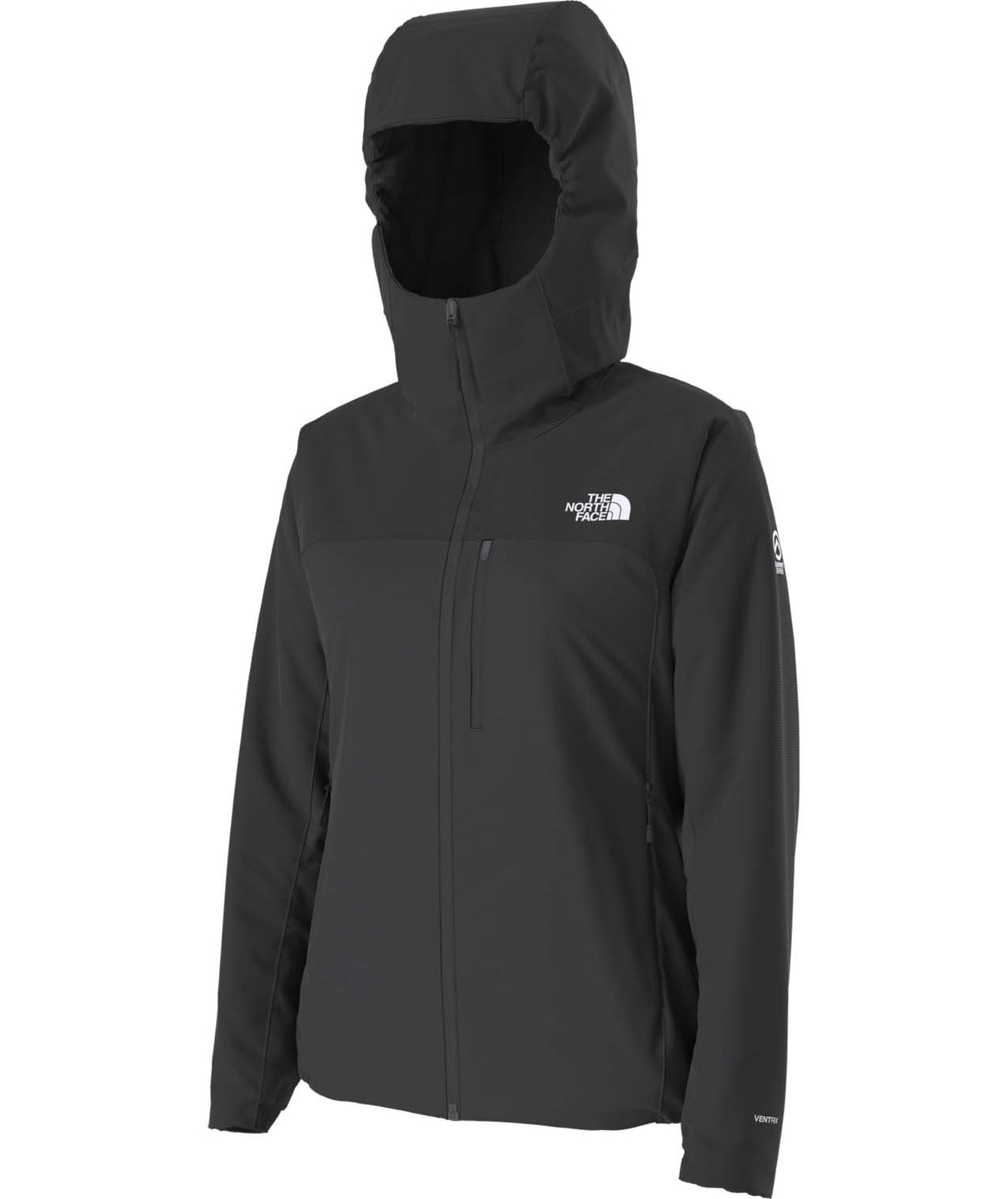 WSummitCasavalHoodie-Black jacket with The North Face logo on a white background