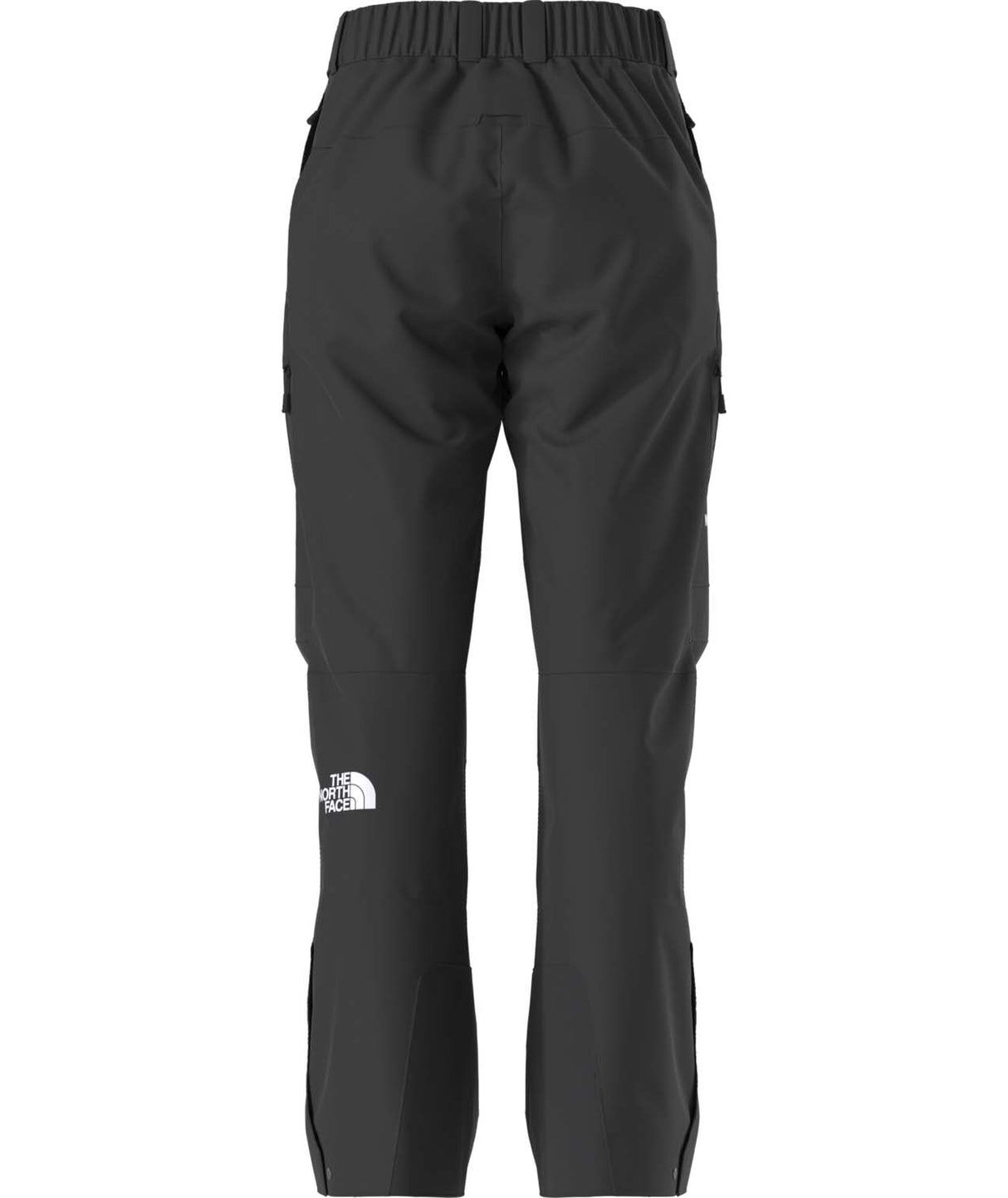 WSummitEastwallGTXPant-Black pants with brand logos on a white background