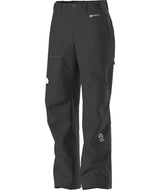 WSummitEastwallGTXPant-Black pants with brand logos on a white background