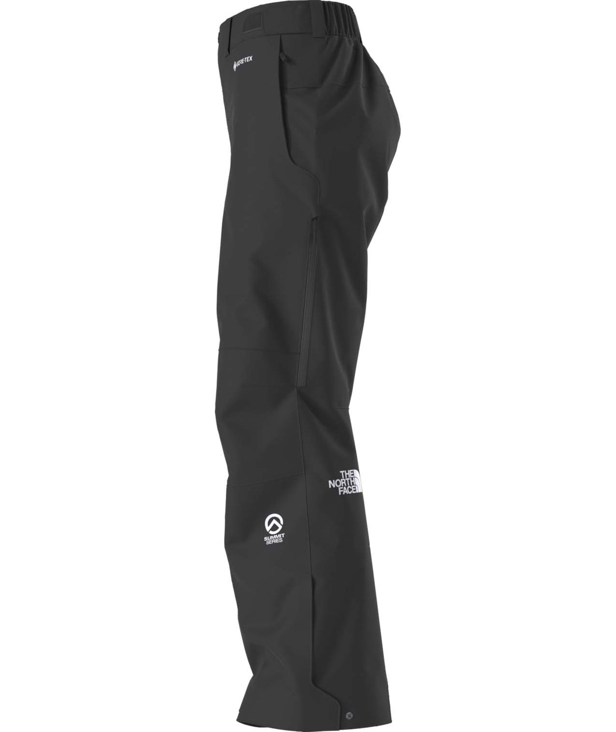 WSummitEastwallGTXPant-Black pants with brand logos on a white background