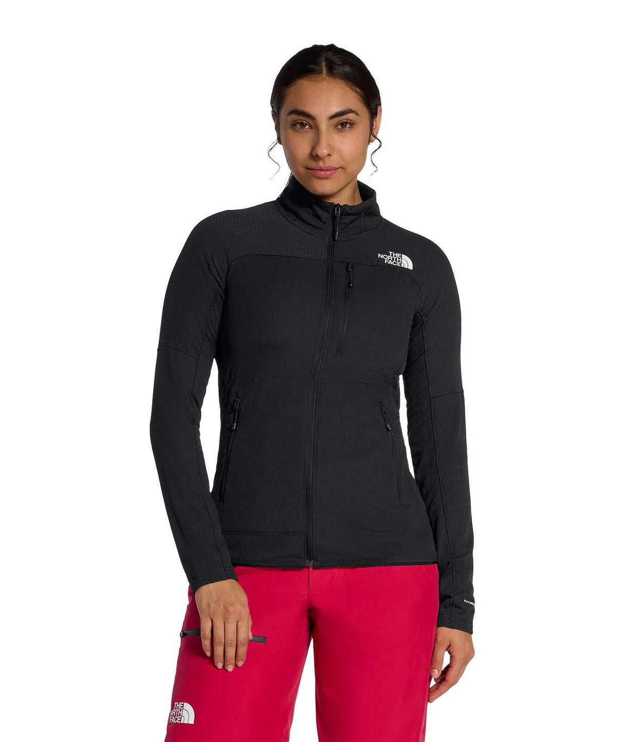 WSummitFUTUREFLEECEFullZipJacket-Woman wearing a black jacket with a brand logo on a white background