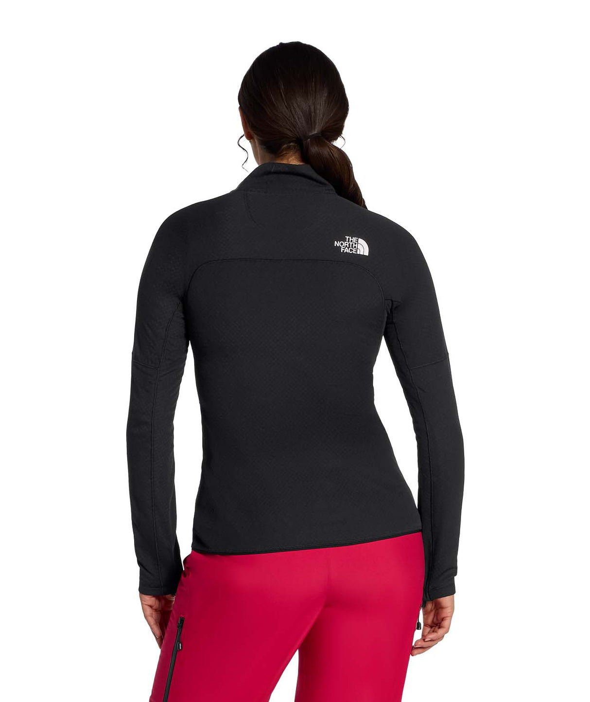 WSummitFUTUREFLEECEFullZipJacket-Woman wearing a black jacket with a brand logo on a white background